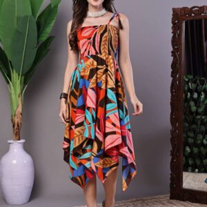 Women's MultiColor Abstract Print Cotton Handkerchief Hem Dress Midi Dresses